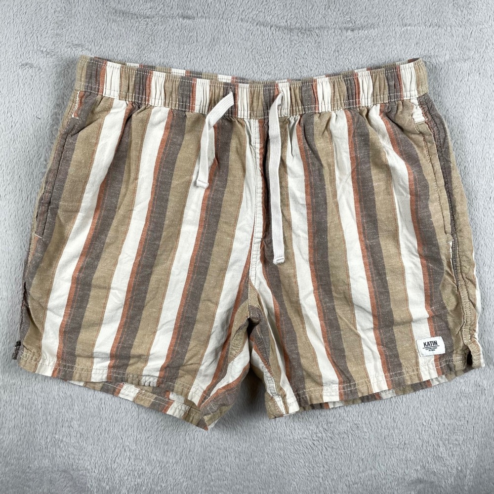 Katin Kenwood Shorts Mens Large Beige Striped Linen Blend Drawstring Summer 5.5"